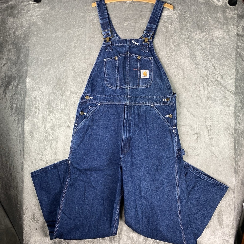 Carhartt Overalls Mens 36x30 Blue Denim‎ Carpenter Bib R07 DST Pockets Workwear